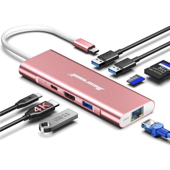 USB C Hub Ethernet, 8in1 USB C Hub Multiport Adapter, USB C to HDMI Docking - Picture 1 of 6